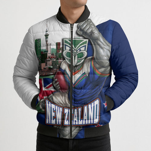 Personalized New Zealand Warriors Rugby Bomber Puffer Jacket Warrior Mascot Auckland Skyline Flag Art