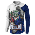 Personalized New Zealand Warriors Rugby Button Sweatshirt Warrior Mascot Auckland Skyline Flag Art