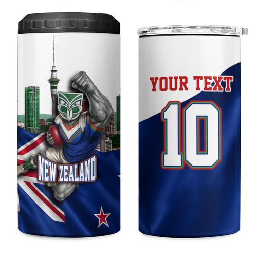 Personalized New Zealand Warriors Rugby 4 in 1 Can Cooler Tumbler Warrior Mascot Auckland Skyline Flag Art