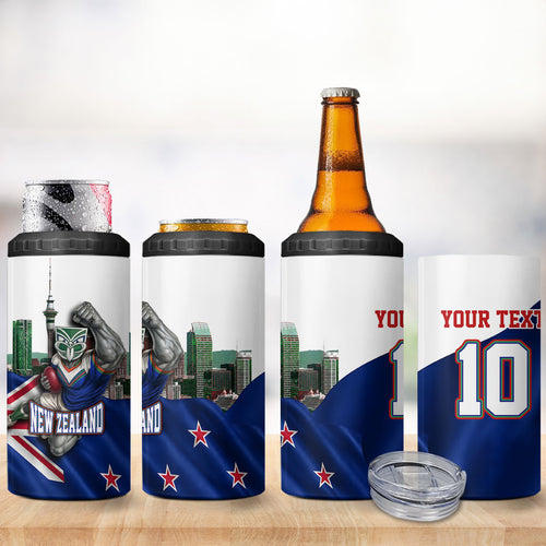 Personalized New Zealand Warriors Rugby 4 in 1 Can Cooler Tumbler Warrior Mascot Auckland Skyline Flag Art