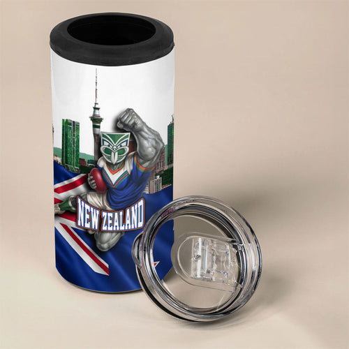 Personalized New Zealand Warriors Rugby 4 in 1 Can Cooler Tumbler Warrior Mascot Auckland Skyline Flag Art