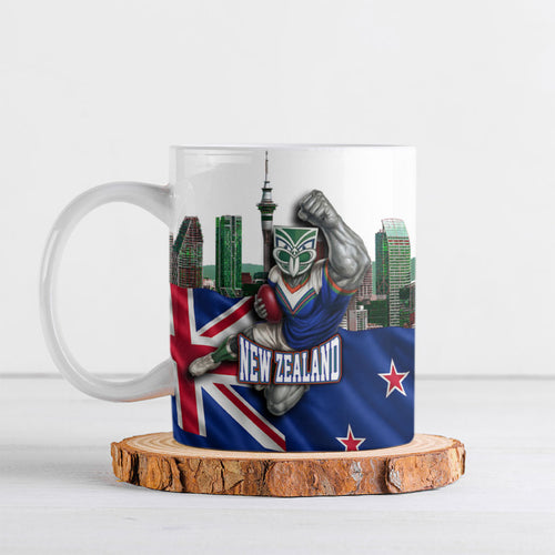 Personalized New Zealand Warriors Rugby Ceramic Mug Warrior Mascot Auckland Skyline Flag Art