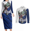 Personalized New Zealand Warriors Rugby Couples Matching Long Sleeve Bodycon Dress and Long Sleeve Button Shirt Warrior Mascot Auckland Skyline Flag Art