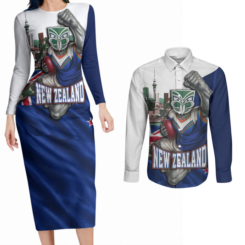 Personalized New Zealand Warriors Rugby Couples Matching Long Sleeve Bodycon Dress and Long Sleeve Button Shirt Warrior Mascot Auckland Skyline Flag Art