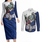 Personalized New Zealand Warriors Rugby Couples Matching Long Sleeve Bodycon Dress and Long Sleeve Button Shirt Warrior Mascot Auckland Skyline Flag Art
