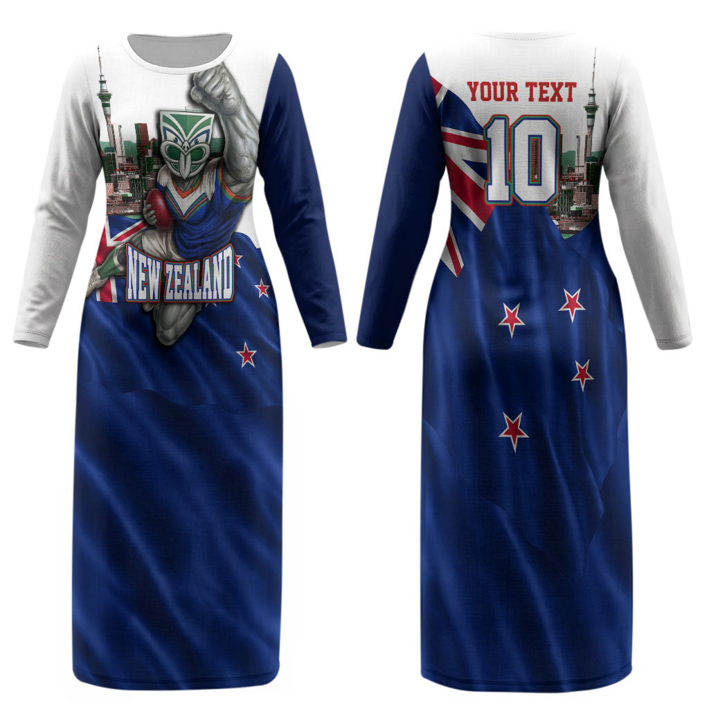 Personalized New Zealand Warriors Rugby Couples Matching Long Sleeve Bodycon Dress and Long Sleeve Button Shirt Warrior Mascot Auckland Skyline Flag Art