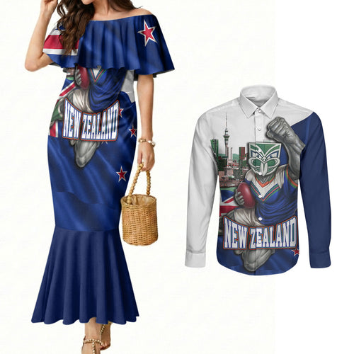 Personalized New Zealand Warriors Rugby Couples Matching Mermaid Dress and Long Sleeve Button Shirt Warrior Mascot Auckland Skyline Flag Art