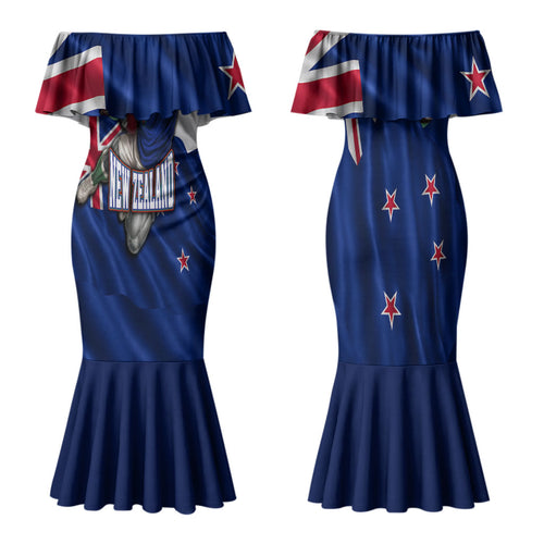 Personalized New Zealand Warriors Rugby Couples Matching Mermaid Dress and Long Sleeve Button Shirt Warrior Mascot Auckland Skyline Flag Art