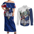 Personalized New Zealand Warriors Rugby Couples Matching Off Shoulder Maxi Dress and Long Sleeve Button Shirt Warrior Mascot Auckland Skyline Flag Art