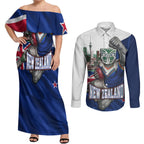 Personalized New Zealand Warriors Rugby Couples Matching Off Shoulder Maxi Dress and Long Sleeve Button Shirt Warrior Mascot Auckland Skyline Flag Art