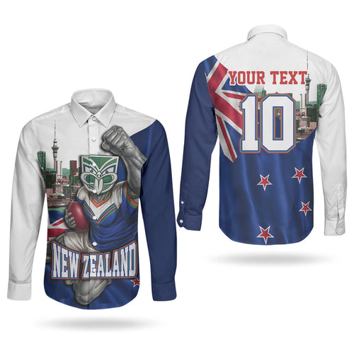 Personalized New Zealand Warriors Rugby Couples Matching Off Shoulder Maxi Dress and Long Sleeve Button Shirt Warrior Mascot Auckland Skyline Flag Art