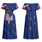 Personalized New Zealand Warriors Rugby Couples Matching Off Shoulder Maxi Dress and Long Sleeve Button Shirt Warrior Mascot Auckland Skyline Flag Art