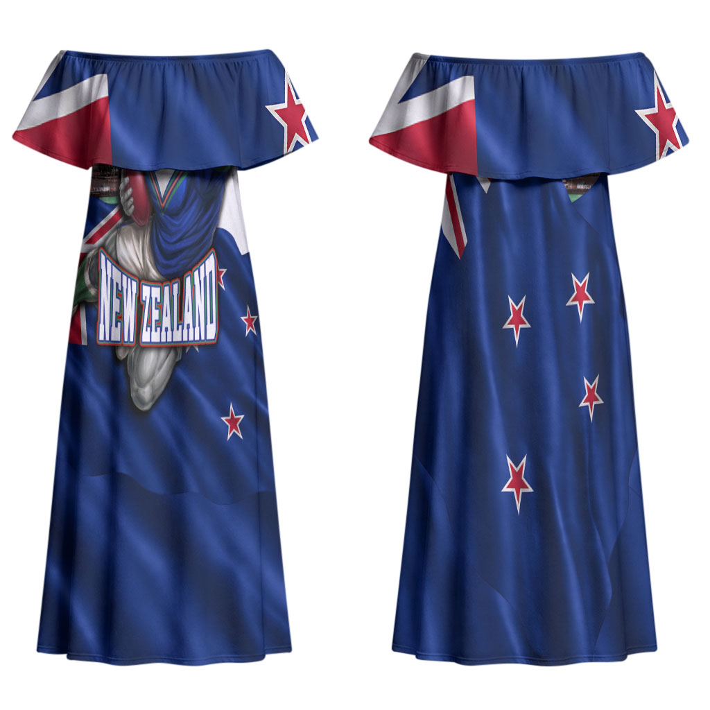 Personalized New Zealand Warriors Rugby Couples Matching Off Shoulder Maxi Dress and Long Sleeve Button Shirt Warrior Mascot Auckland Skyline Flag Art