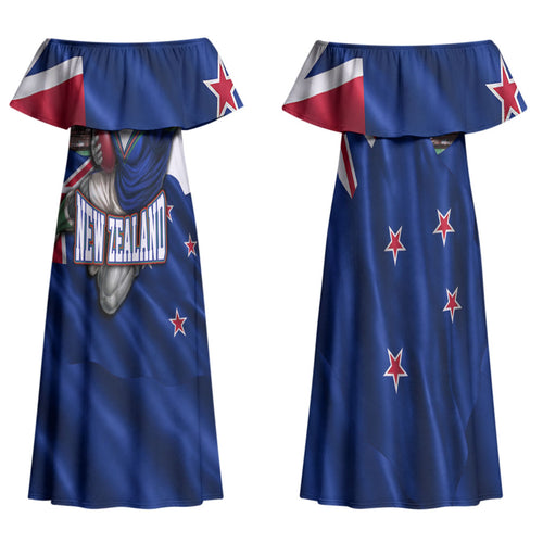 Personalized New Zealand Warriors Rugby Couples Matching Off Shoulder Maxi Dress and Long Sleeve Button Shirt Warrior Mascot Auckland Skyline Flag Art