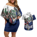 Personalized New Zealand Warriors Rugby Couples Matching Off Shoulder Short Dress and Hawaiian Shirt Warrior Mascot Auckland Skyline Flag Art