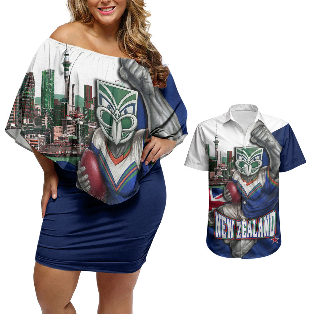 Personalized New Zealand Warriors Rugby Couples Matching Off Shoulder Short Dress and Hawaiian Shirt Warrior Mascot Auckland Skyline Flag Art