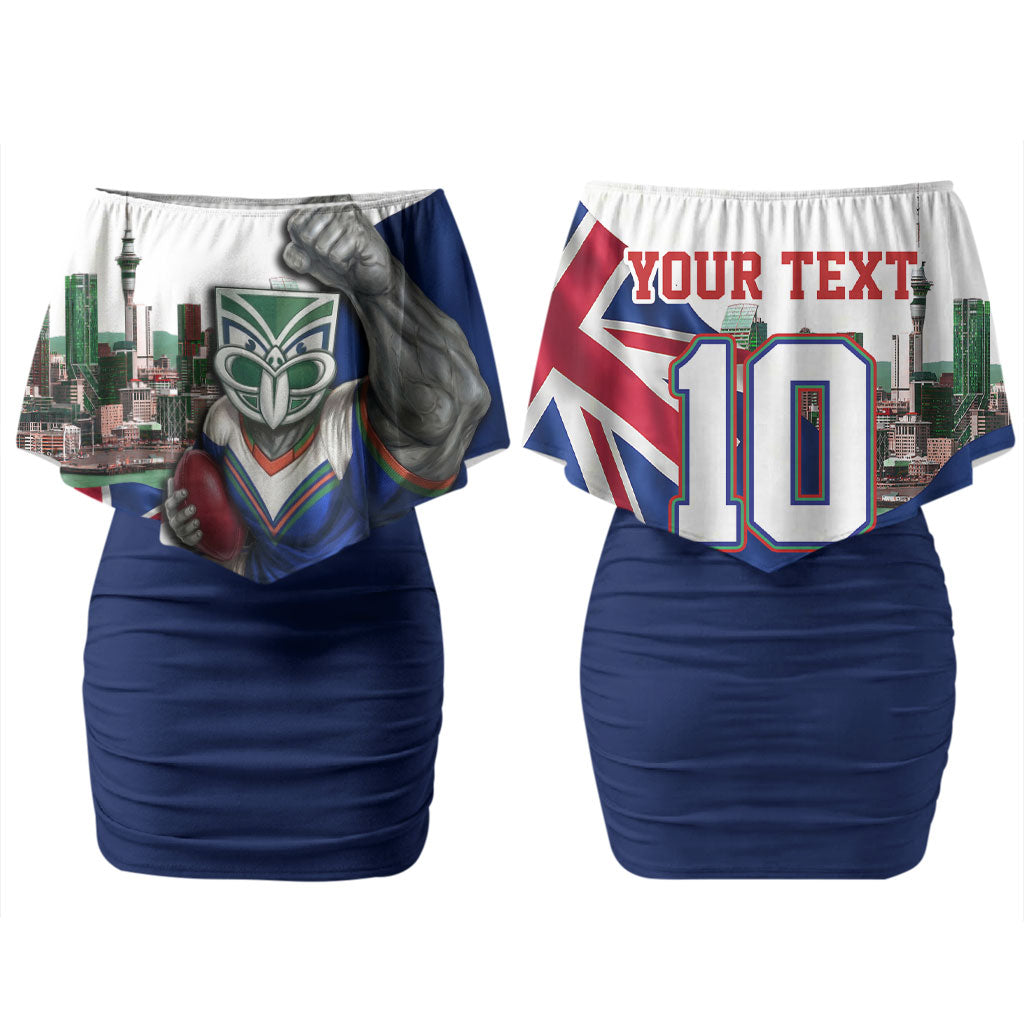 Personalized New Zealand Warriors Rugby Couples Matching Off Shoulder Short Dress and Hawaiian Shirt Warrior Mascot Auckland Skyline Flag Art