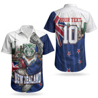 Personalized New Zealand Warriors Rugby Couples Matching Off Shoulder Short Dress and Hawaiian Shirt Warrior Mascot Auckland Skyline Flag Art