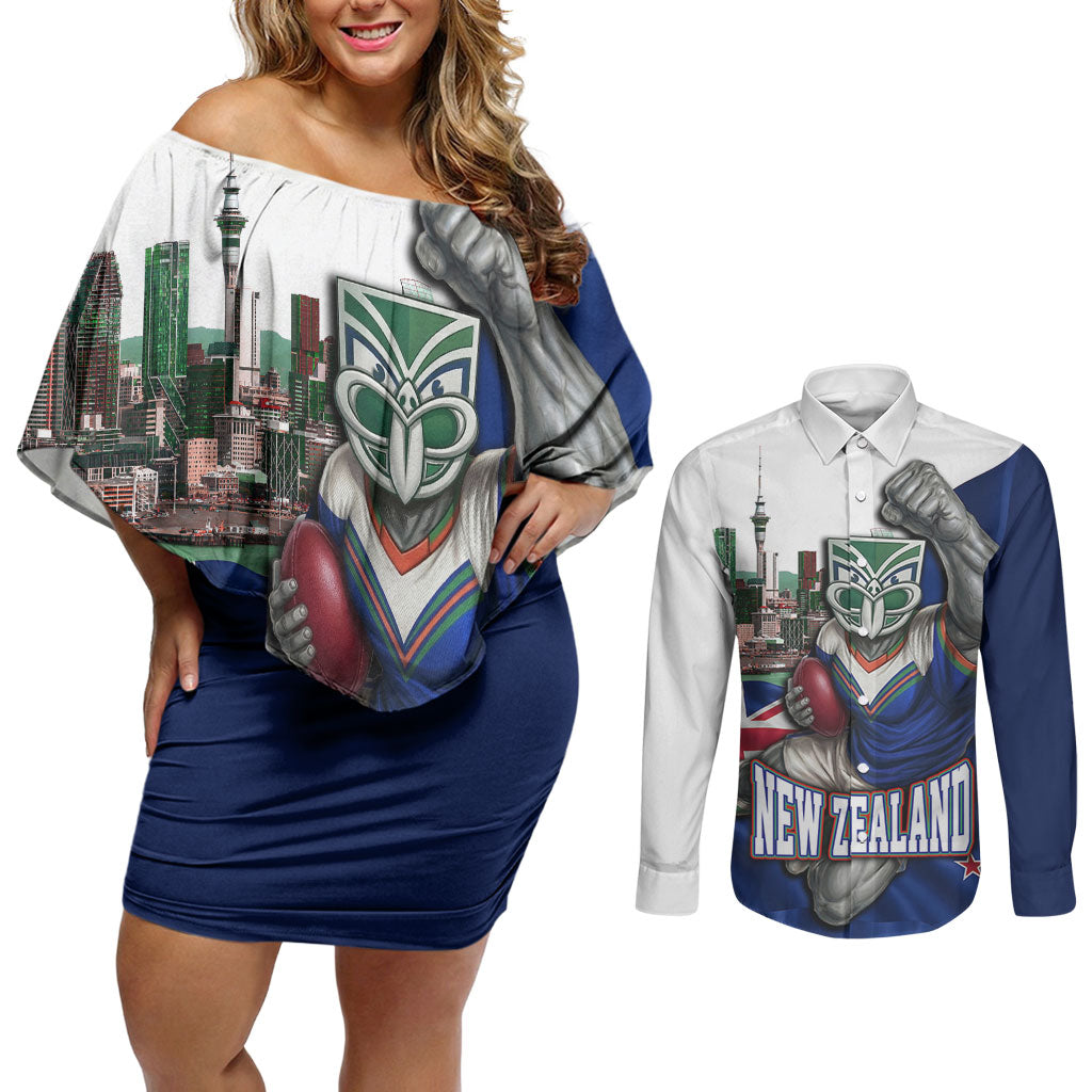Personalized New Zealand Warriors Rugby Couples Matching Off Shoulder Short Dress and Long Sleeve Button Shirt Warrior Mascot Auckland Skyline Flag Art