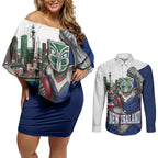 Personalized New Zealand Warriors Rugby Couples Matching Off Shoulder Short Dress and Long Sleeve Button Shirt Warrior Mascot Auckland Skyline Flag Art