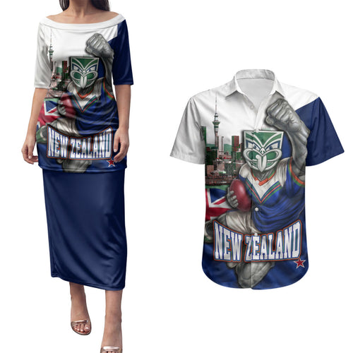 Personalized New Zealand Warriors Rugby Couples Matching Puletasi and Hawaiian Shirt Warrior Mascot Auckland Skyline Flag Art