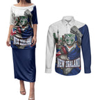 Personalized New Zealand Warriors Rugby Couples Matching Puletasi and Long Sleeve Button Shirt Warrior Mascot Auckland Skyline Flag Art