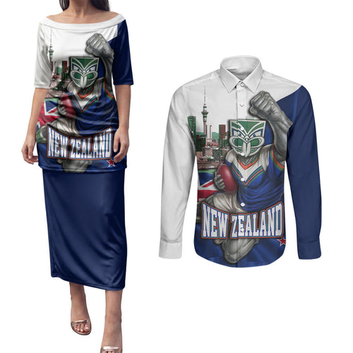 Personalized New Zealand Warriors Rugby Couples Matching Puletasi and Long Sleeve Button Shirt Warrior Mascot Auckland Skyline Flag Art