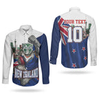 Personalized New Zealand Warriors Rugby Couples Matching Puletasi and Long Sleeve Button Shirt Warrior Mascot Auckland Skyline Flag Art