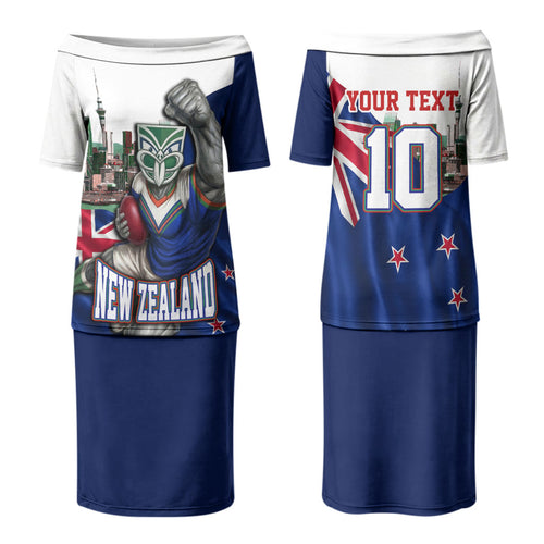 Personalized New Zealand Warriors Rugby Couples Matching Puletasi and Long Sleeve Button Shirt Warrior Mascot Auckland Skyline Flag Art