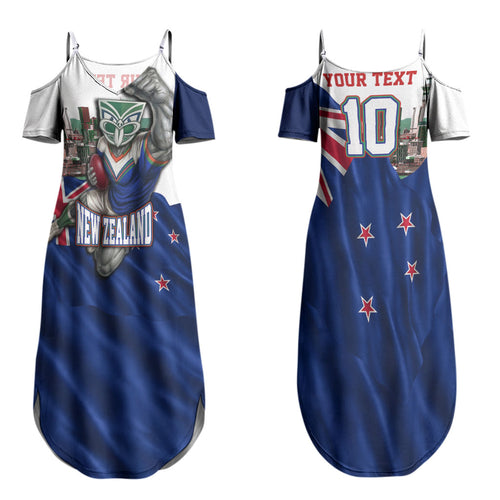 Personalized New Zealand Warriors Rugby Couples Matching Summer Maxi Dress and Hawaiian Shirt Warrior Mascot Auckland Skyline Flag Art