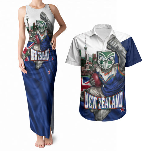 Personalized New Zealand Warriors Rugby Couples Matching Tank Maxi Dress and Hawaiian Shirt Warrior Mascot Auckland Skyline Flag Art