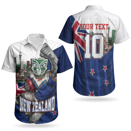 Personalized New Zealand Warriors Rugby Couples Matching Tank Maxi Dress and Hawaiian Shirt Warrior Mascot Auckland Skyline Flag Art