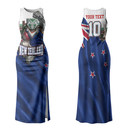 Personalized New Zealand Warriors Rugby Couples Matching Tank Maxi Dress and Hawaiian Shirt Warrior Mascot Auckland Skyline Flag Art