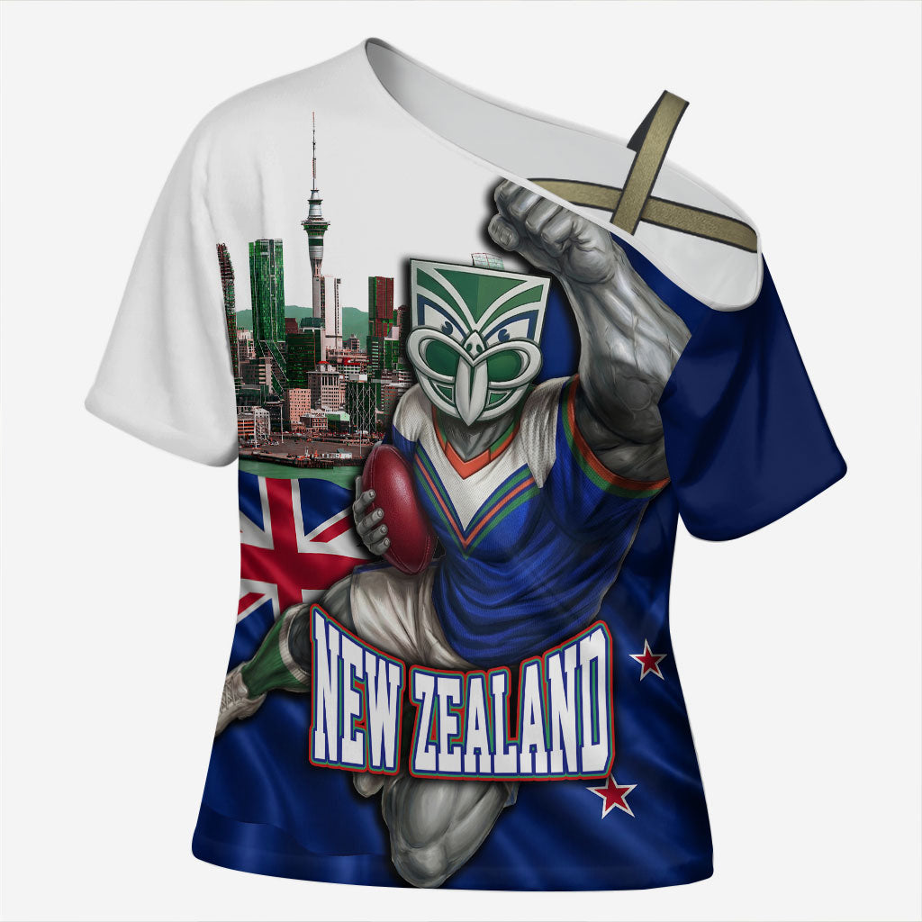 Personalized New Zealand Warriors Rugby Cross Shoulder Shirt Warrior Mascot Auckland Skyline Flag Art