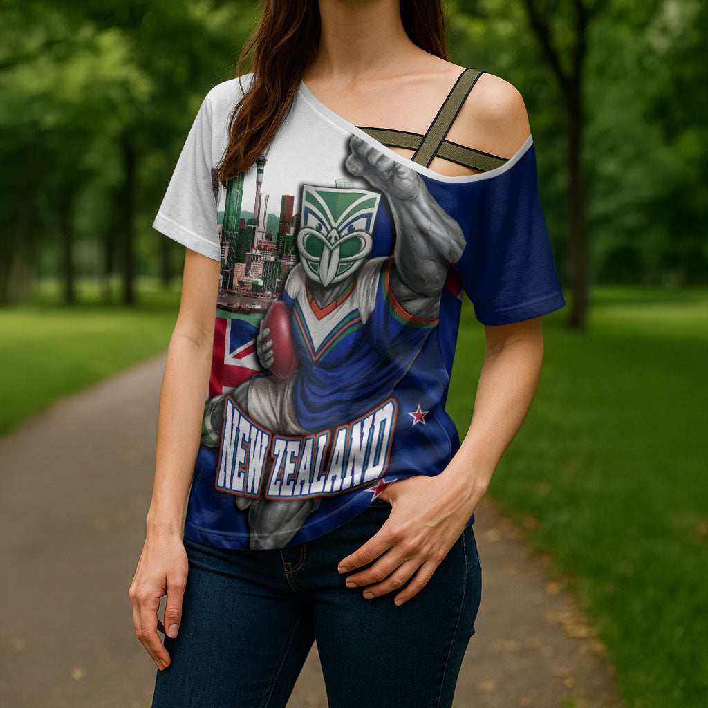 Personalized New Zealand Warriors Rugby Cross Shoulder Shirt Warrior Mascot Auckland Skyline Flag Art