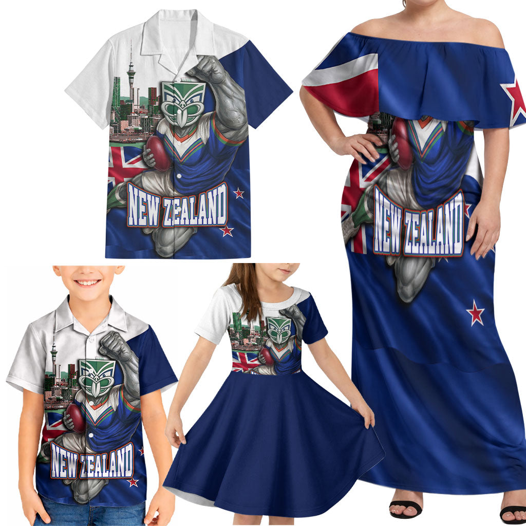 Personalized New Zealand Warriors Rugby Family Matching Off Shoulder Maxi Dress and Hawaiian Shirt Warrior Mascot Auckland Skyline Flag Art