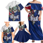 Personalized New Zealand Warriors Rugby Family Matching Off Shoulder Maxi Dress and Hawaiian Shirt Warrior Mascot Auckland Skyline Flag Art