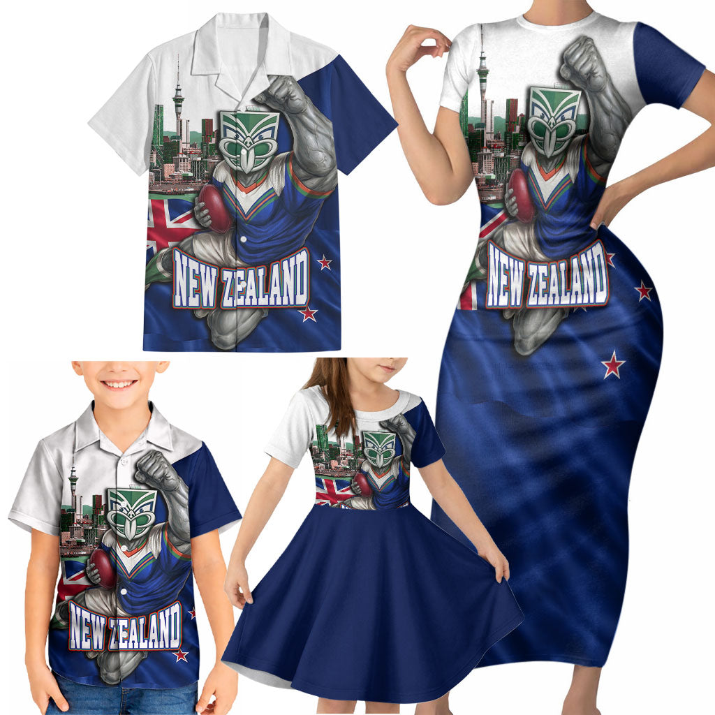 Personalized New Zealand Warriors Rugby Family Matching Short Sleeve Bodycon Dress and Hawaiian Shirt Warrior Mascot Auckland Skyline Flag Art