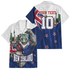Personalized New Zealand Warriors Rugby Family Matching Short Sleeve Bodycon Dress and Hawaiian Shirt Warrior Mascot Auckland Skyline Flag Art