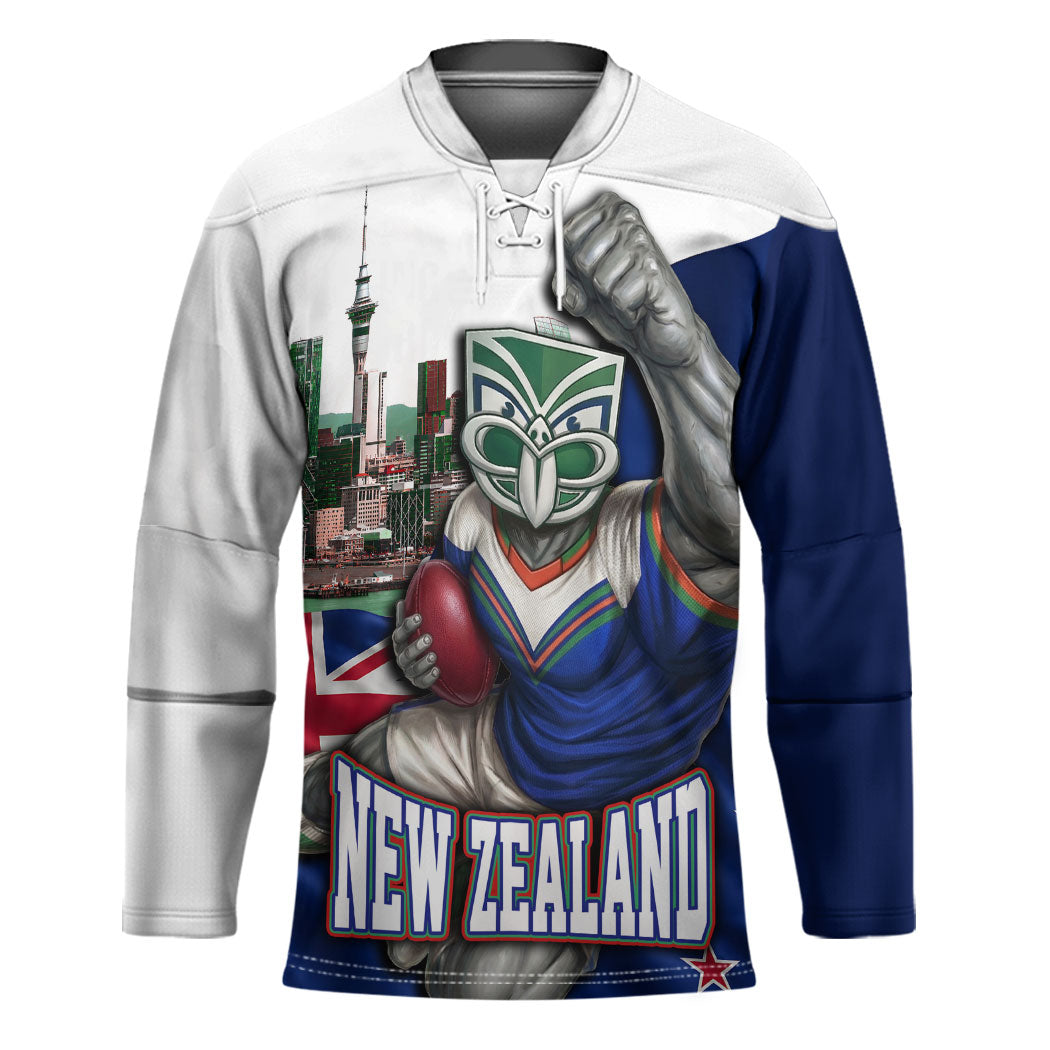 Personalized New Zealand Warriors Rugby Hockey Jersey Warrior Mascot Auckland Skyline Flag Art