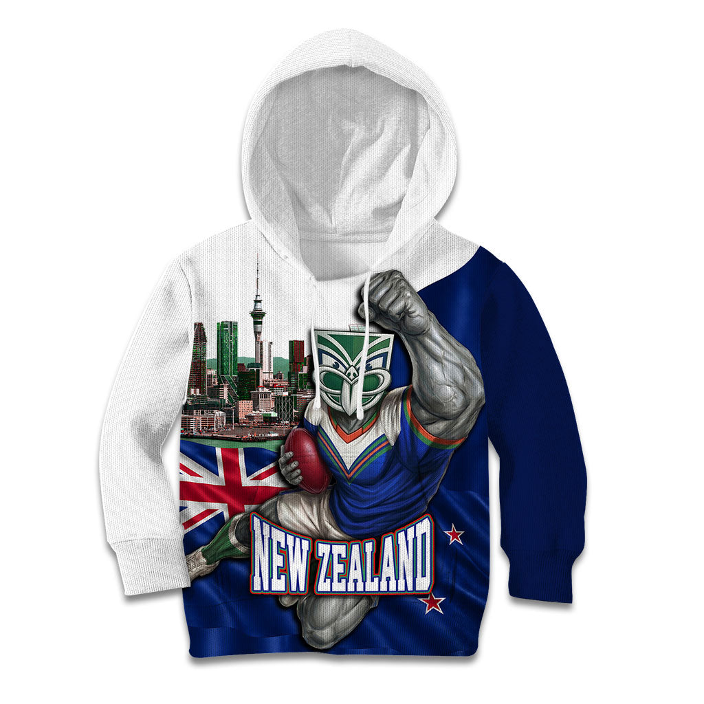Personalized New Zealand Warriors Rugby Kid Hoodie Warrior Mascot Auckland Skyline Flag Art