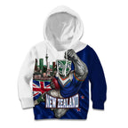 Personalized New Zealand Warriors Rugby Kid Hoodie Warrior Mascot Auckland Skyline Flag Art