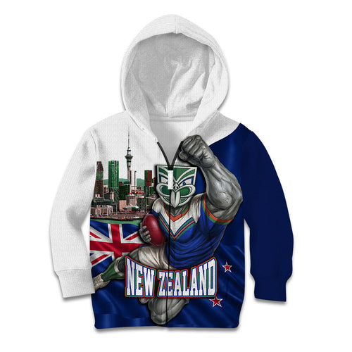 Personalized New Zealand Warriors Rugby Kid Hoodie Warrior Mascot Auckland Skyline Flag Art
