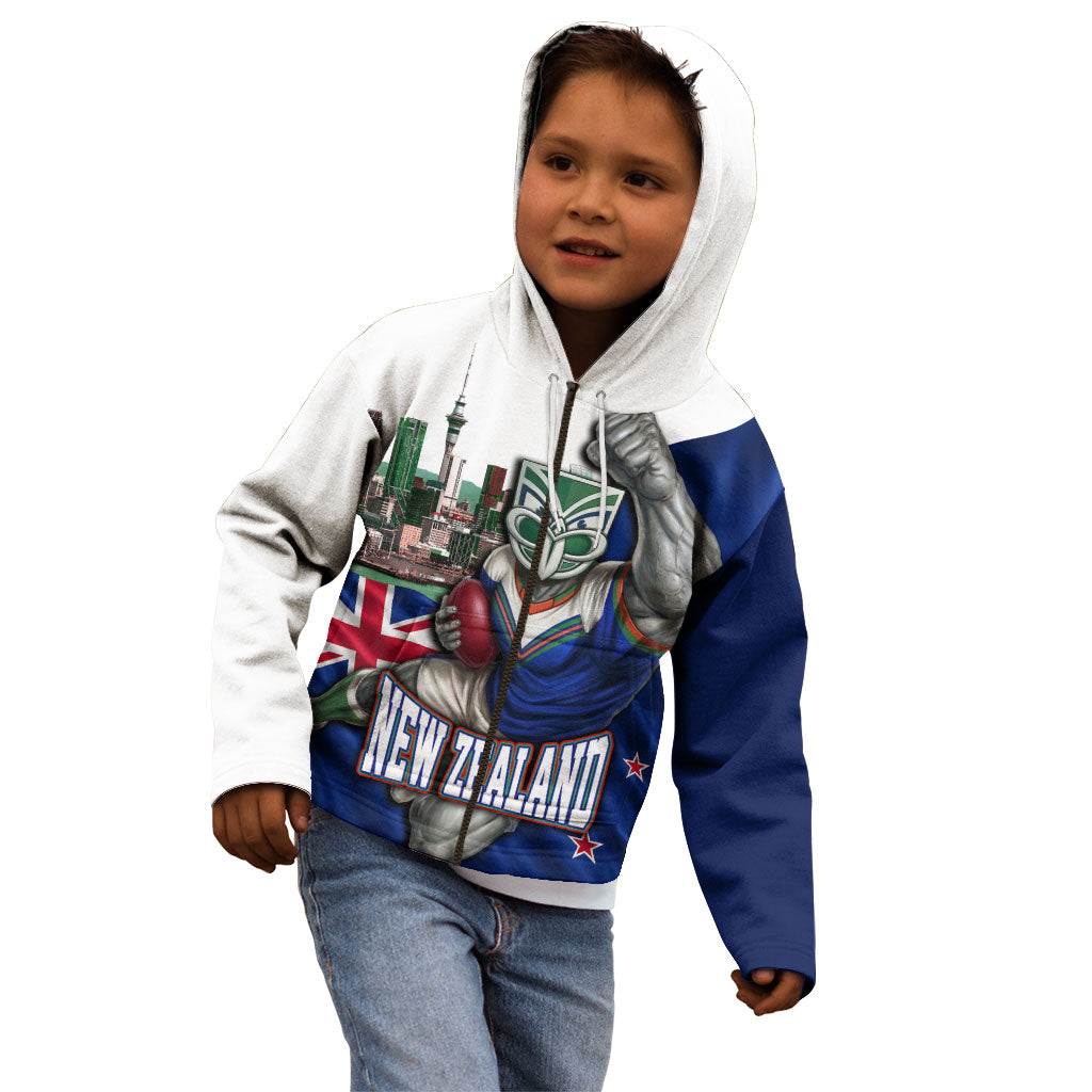 Personalized New Zealand Warriors Rugby Kid Hoodie Warrior Mascot Auckland Skyline Flag Art