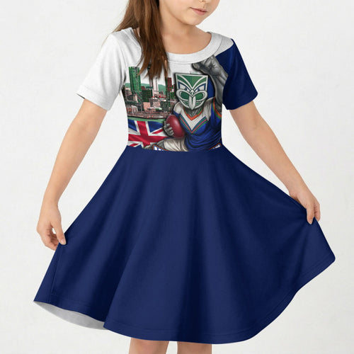 Personalized New Zealand Warriors Rugby Kid Short Sleeve Dress Warrior Mascot Auckland Skyline Flag Art