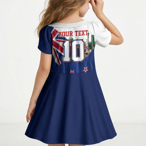 Personalized New Zealand Warriors Rugby Kid Short Sleeve Dress Warrior Mascot Auckland Skyline Flag Art