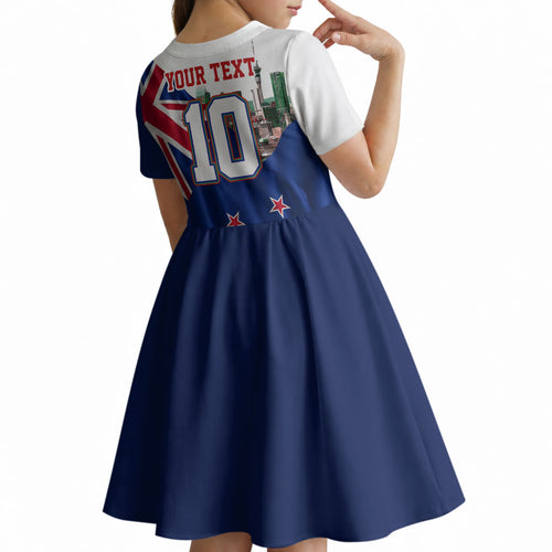 Personalized New Zealand Warriors Rugby Kid Short Sleeve Dress Warrior Mascot Auckland Skyline Flag Art