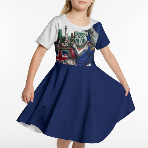 Personalized New Zealand Warriors Rugby Kid Short Sleeve Dress Warrior Mascot Auckland Skyline Flag Art