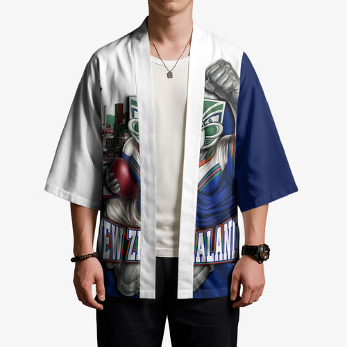 Personalized New Zealand Warriors Rugby Kimono Warrior Mascot Auckland Skyline Flag Art