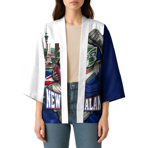 Personalized New Zealand Warriors Rugby Kimono Warrior Mascot Auckland Skyline Flag Art